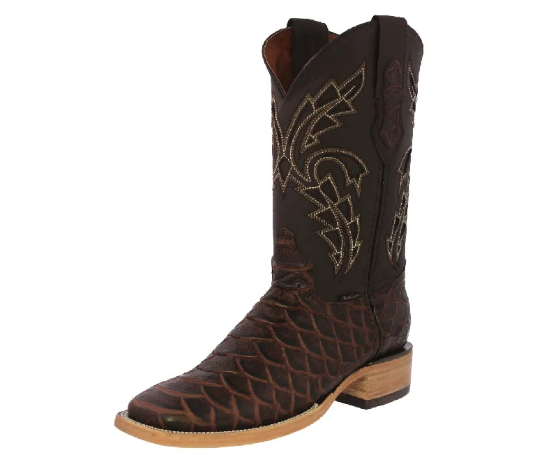 Mens Brown Cowboy Boots Anaconda Print Leather - Square Toe