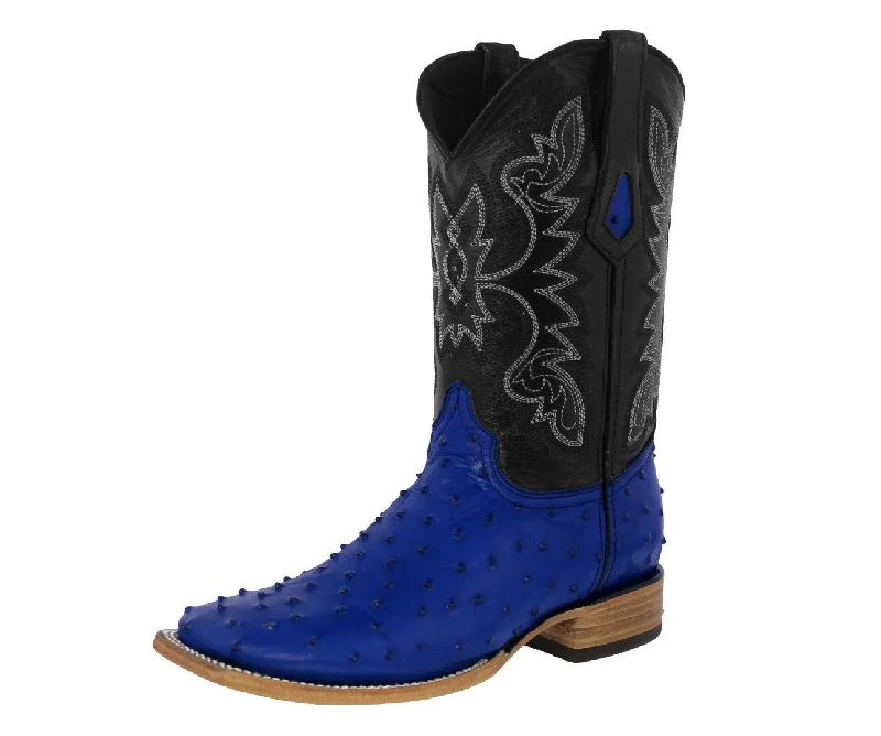 Mens Blue Cowboy Boots Ostrich Quill Print Leather - Square Toe