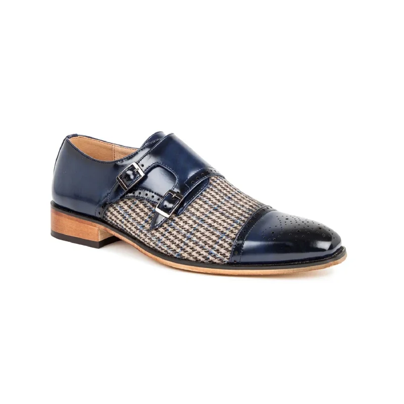 Gino Vitale Double Monk Strap Houndstooth Medallion Cap Toe Dress Shoes