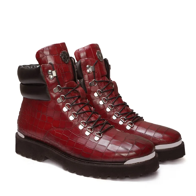 Zip Closure Wine Deep Cut Leather Chunky Boots