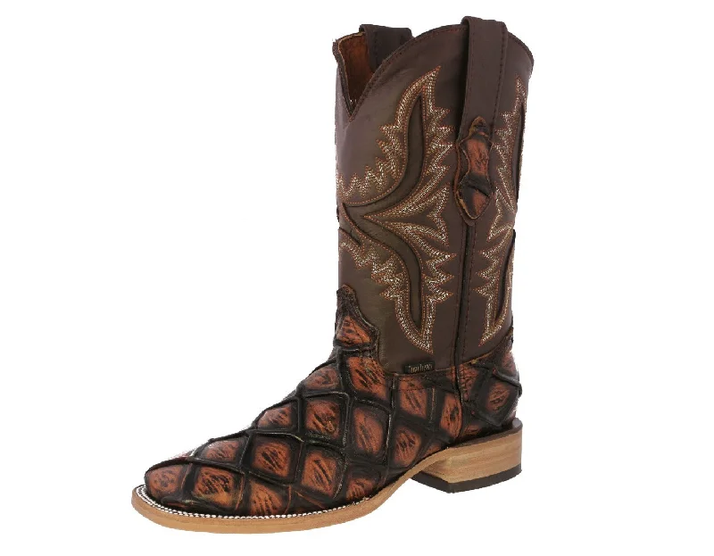 Mens Cognac Cowboy Boots Pirarucu Fish Print - Square Toe