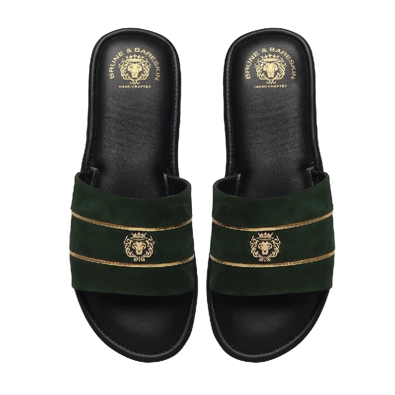 Green Suede Leather Slide-In-Slippers With Signature Metal Lion by BRUNE BY BARESKIN