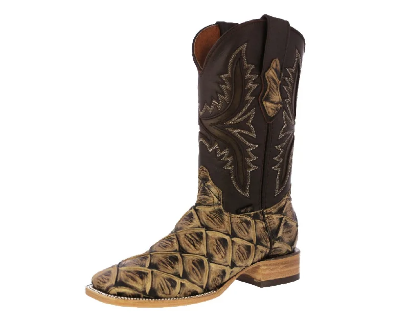 Mens Sand Cowboy Boots Pirarucu Fish Print - Square Toe