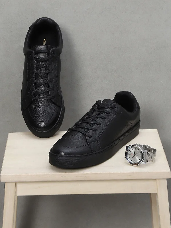 Men Black Lace Up Genuine Leather Casual Sneakers