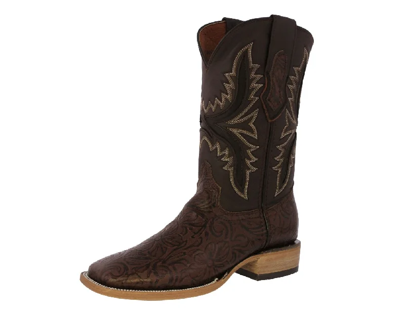 Mens Brown Cowboy Boots Hand Toole Leather - Square Toe