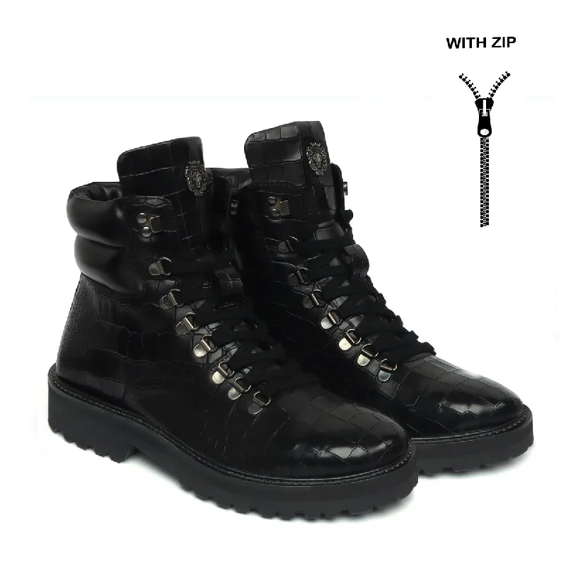 Light Weight Biker Boots in Black Deep Cut Croco Textured Leather with zipper Closure