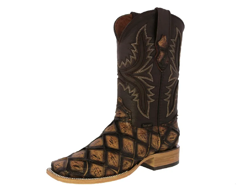 Mens Honey Brown Cowboy Boots Pirarucu Fish Print - Square Toe