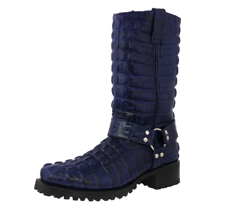 Mens Denim Blue Motorcycle Boots Crocodile Tail Print - Square Toe