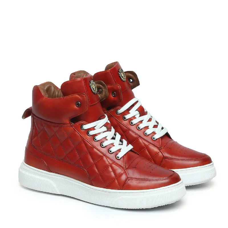 Diamond Stitch Mid-Top Sneaker on Blood Red Color by Brune & Bareskin