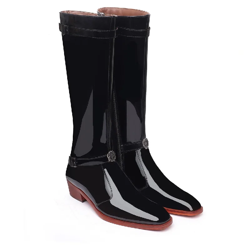 Knee Hight Cuban Heel Boots with Zip Closure Black Patent Leather For Men by Brune & Bareskin