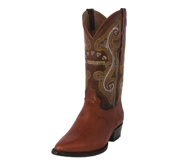 Mens Cognac Real Lizard Skin Leather Cowboy Boots - J Toe