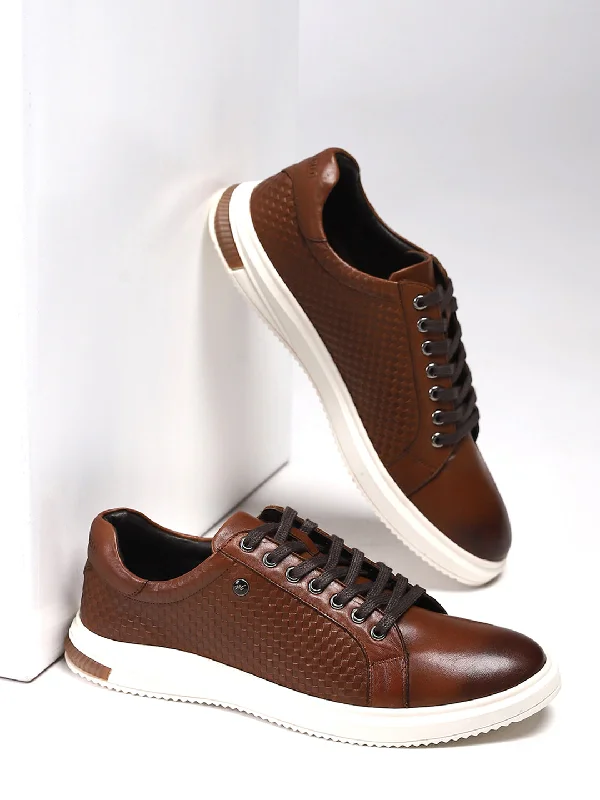 Mens Tan Solid Lace Up Genuine Leather Casual Sneaker