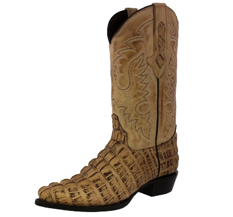 Mens Rustic Sand Alligator Tail Print Leather Cowboy Boots J Toe