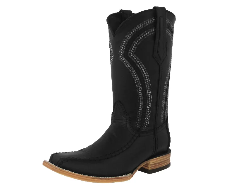 Mens Black Cowboy Boots Solid Leather - Square Toe