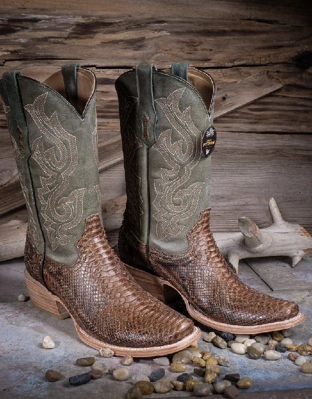 Cozy Sport Walking Shoes Men's Green Python Narrow Square Toe Western Boots A4287